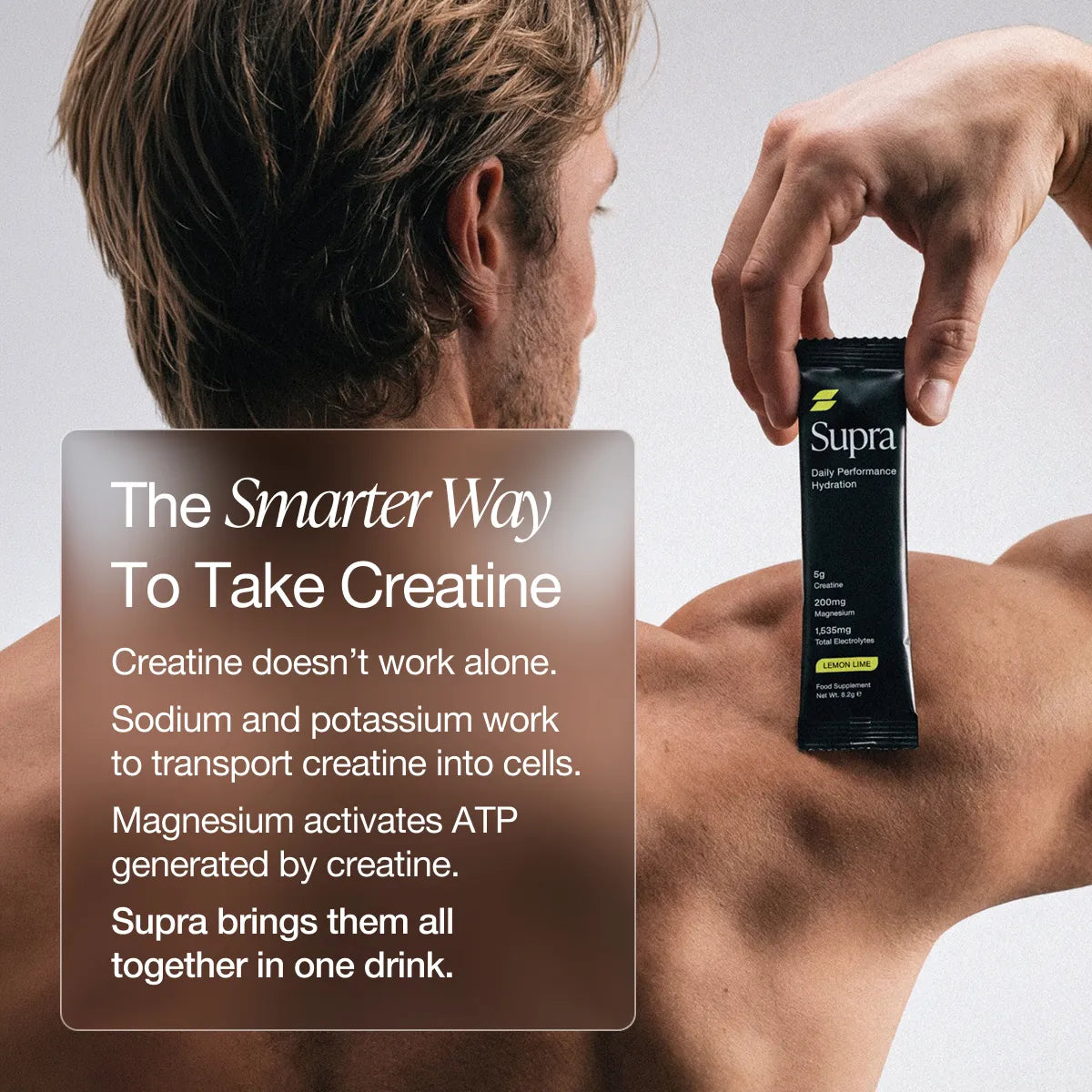 Man holding a Supra creatine supplement package with promotional text on a gray background