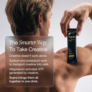 Man holding a Supra creatine supplement package with promotional text on a gray background