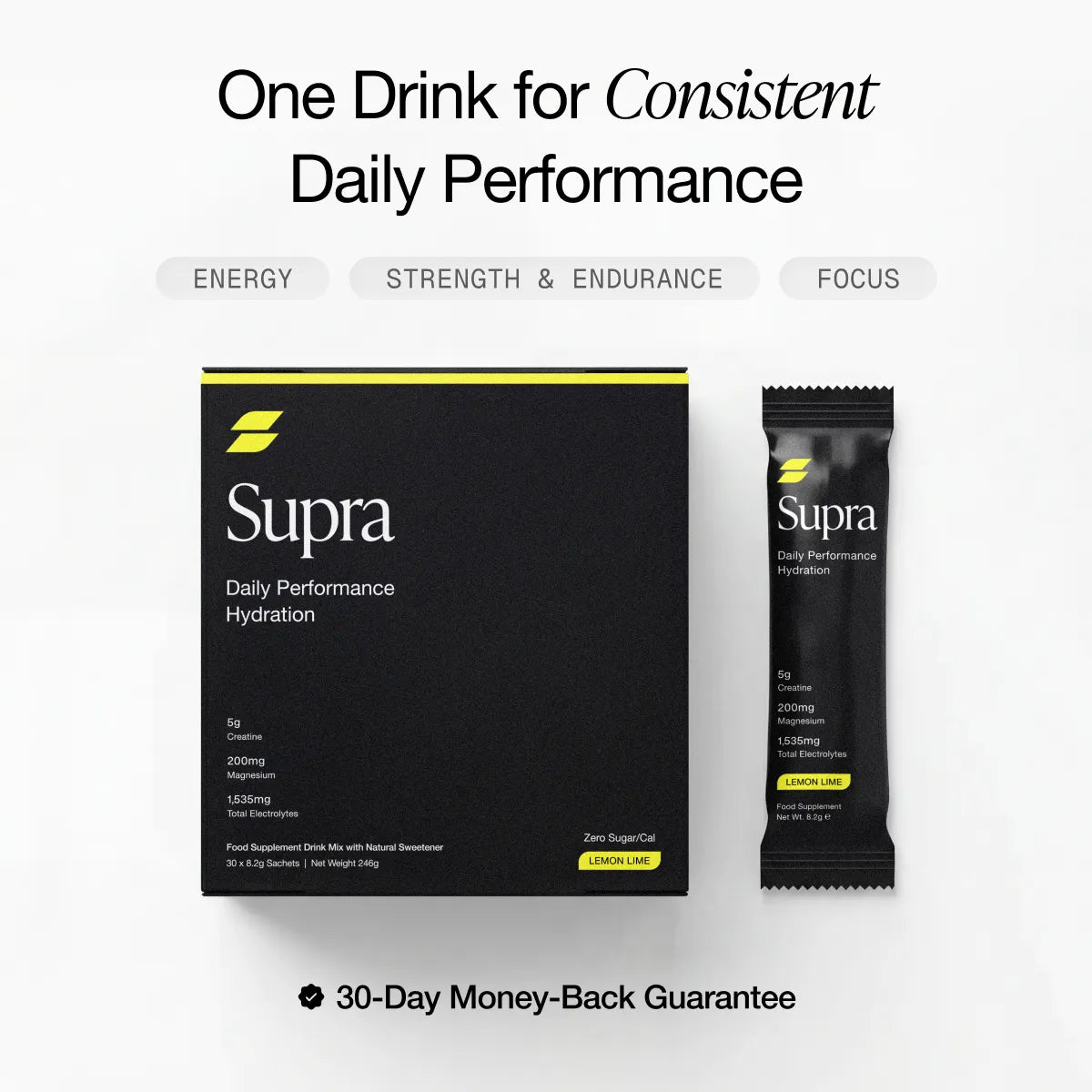 Supra Daily Performance Hydration box and stick pack on a white background with promotional text.