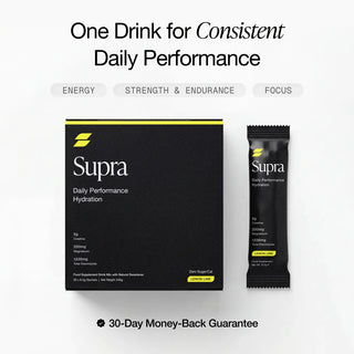 Supra Daily Performance Hydration box and stick pack on a white background with promotional text.