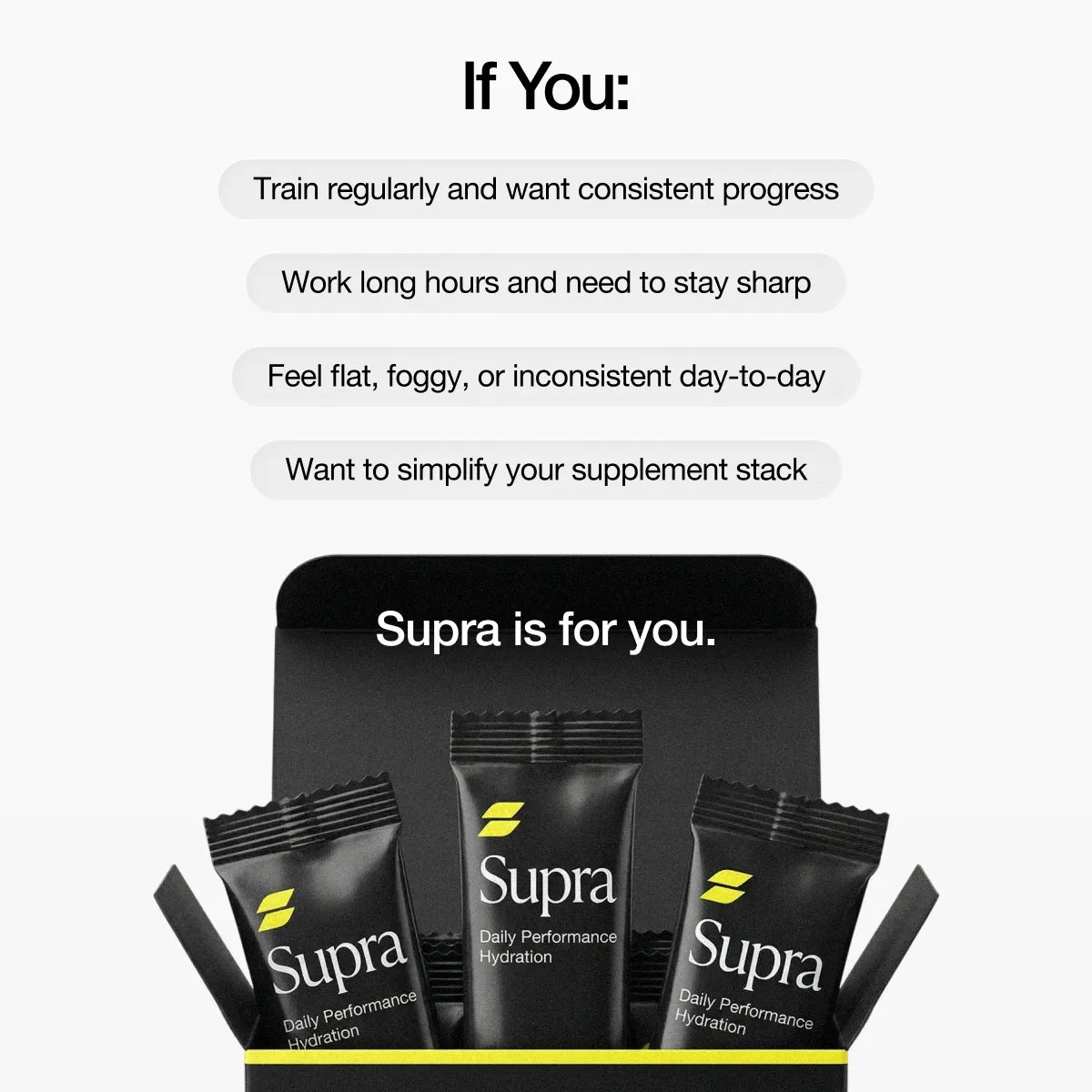 Supra supplement packets with promotional text on a white background