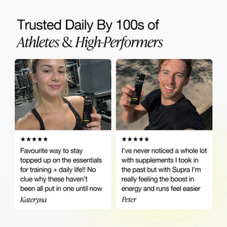Two people holdingSupra products with customer testimonials on a white background