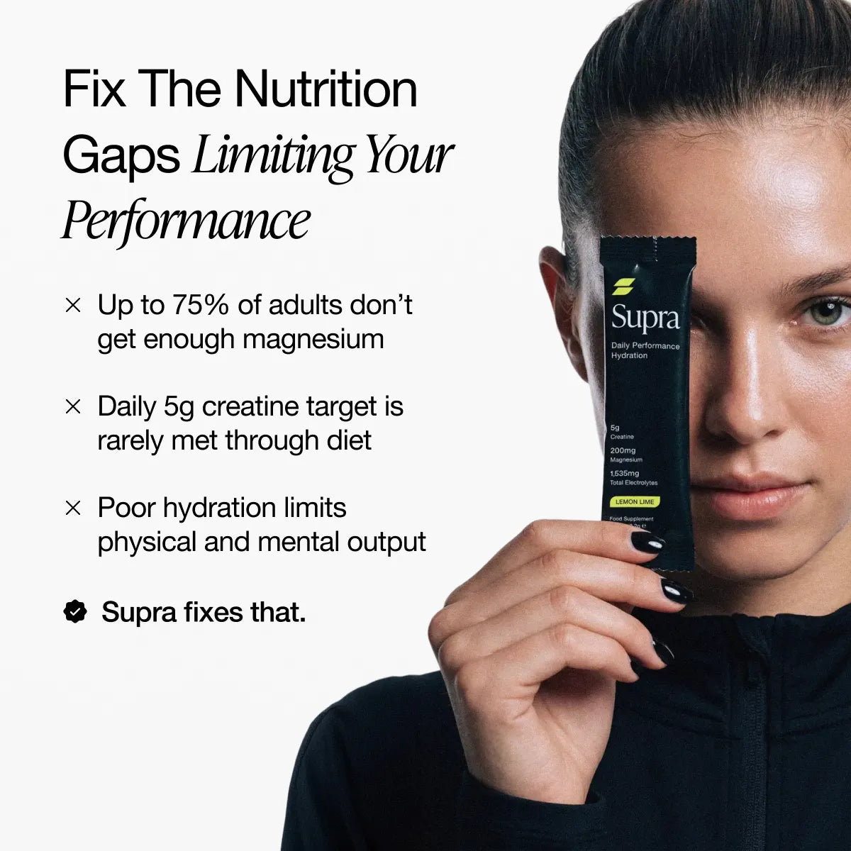 Supra supplement package held by a person with text about nutrition gaps and Supra's solution.